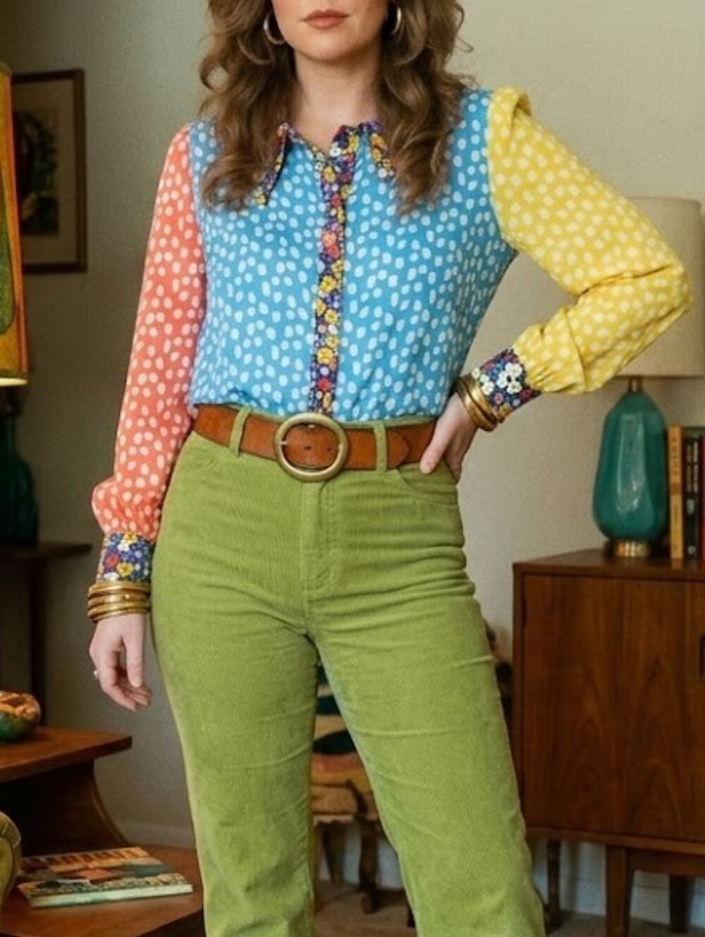 Fresha London Vintage-Inspired Polka Dot Colorblock Floral Blouse Size Medium